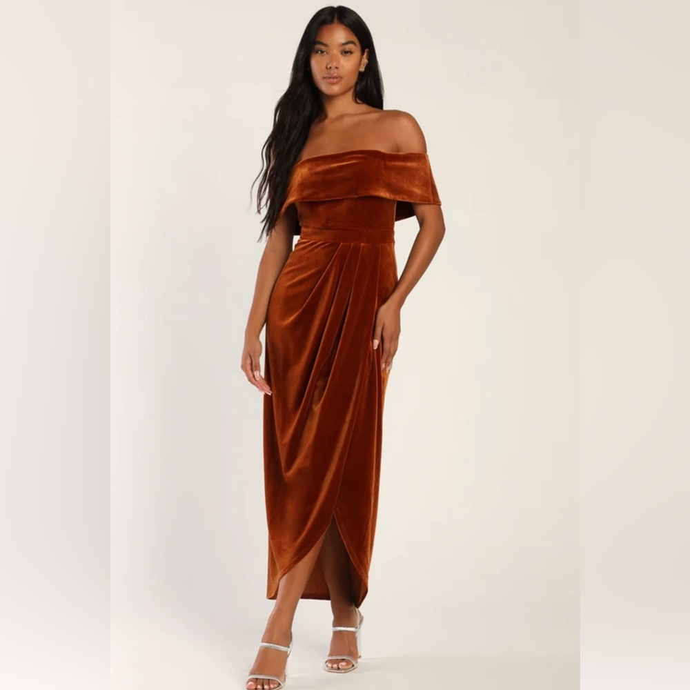LuLu’s I'm Enchanted Rust Orange Velvet Off-the-Shoulder Maxi Dress